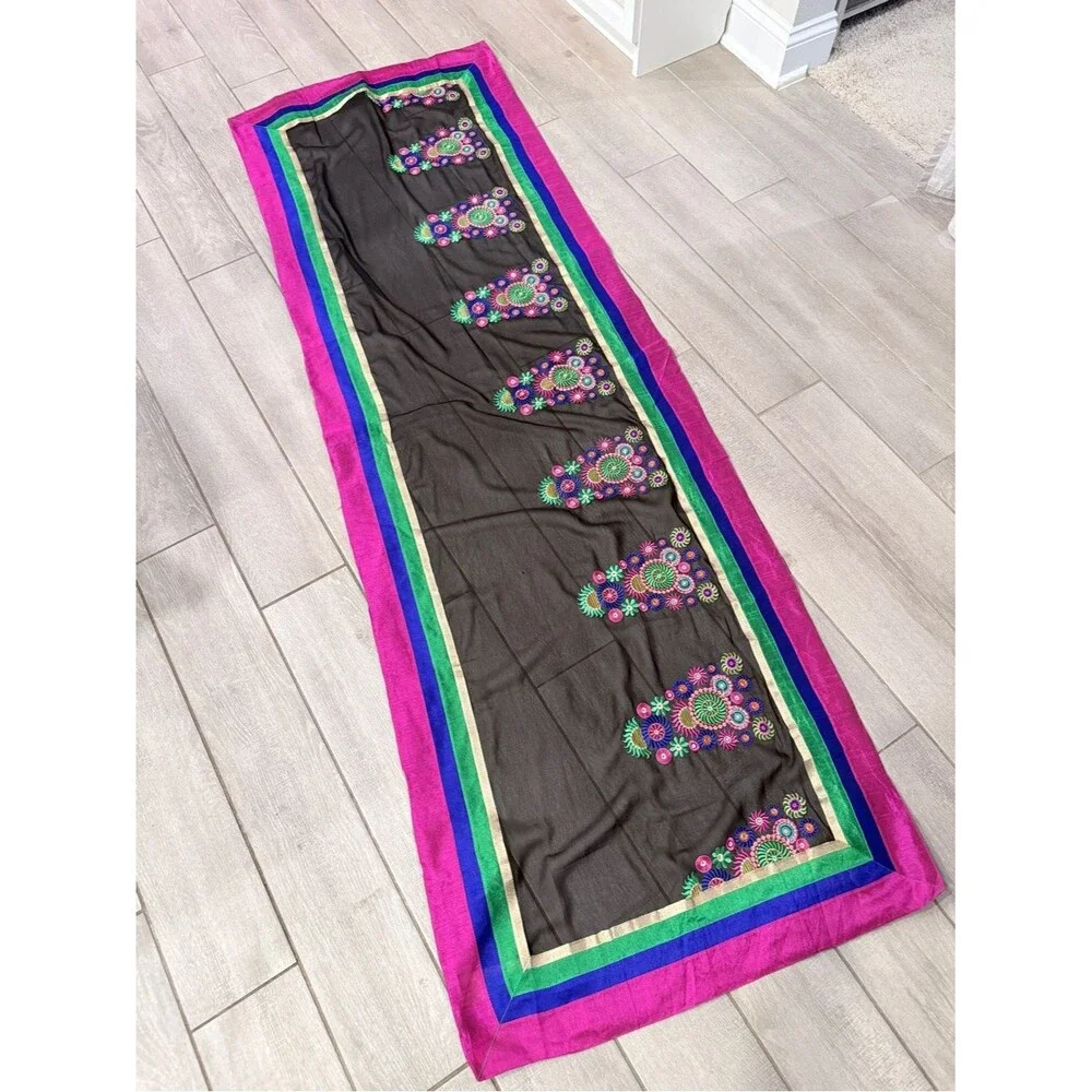 Black Silk Sheer Embroidered Scarf Pink Blue Green 27x78
